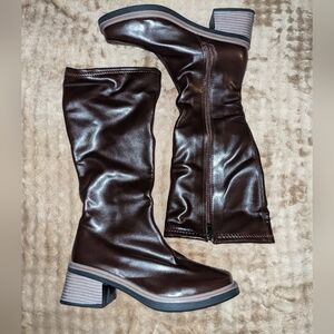 Faux Leather Brown Knee-High Boots 39